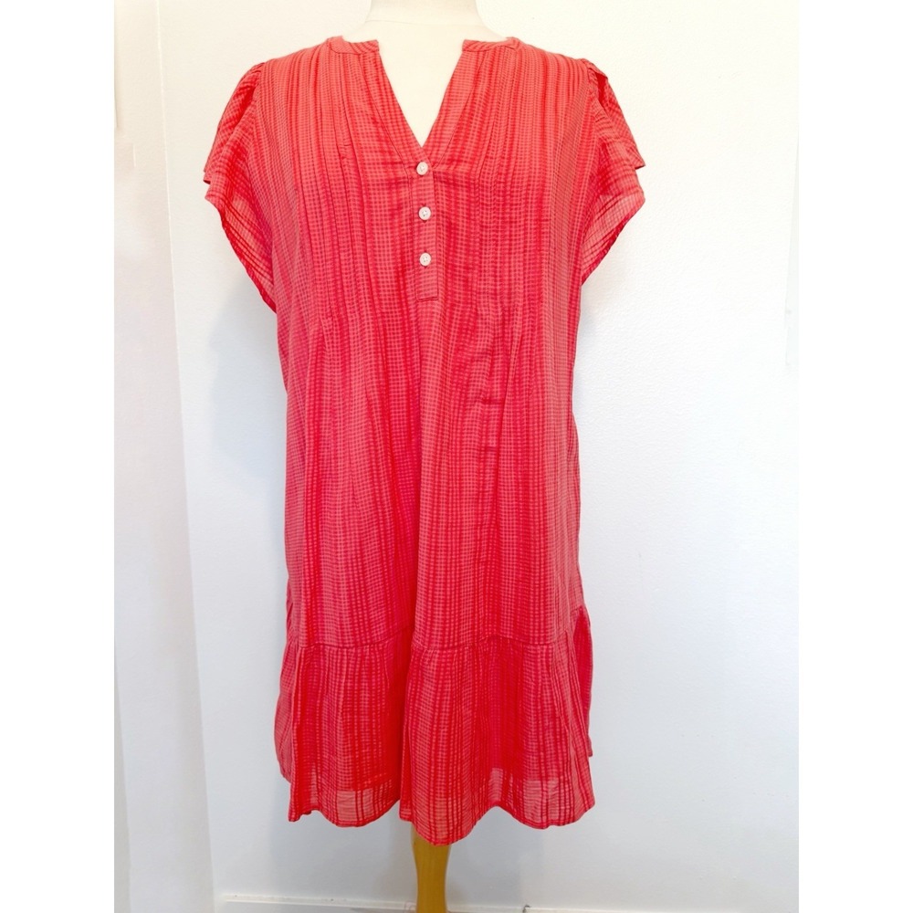 Loft Flutter Boho Gingham Dress Women's Petite Large Coral Ruffle Hem Preppy Y2K
